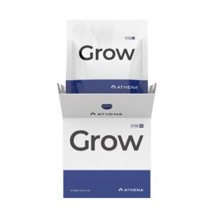 Een wit met blauwe doos met de naam Grow van Athena wordt geopend en onthult een bijpassende verpakking met de naam Grow. De verpakking is strak en minimalistisch, met een prominente merknaam.