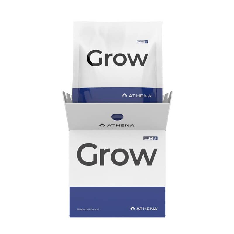 Een wit met blauwe doos met de naam Grow van Athena wordt geopend en onthult een bijpassende verpakking met de naam Grow. De verpakking is strak en minimalistisch, met een prominente merknaam.