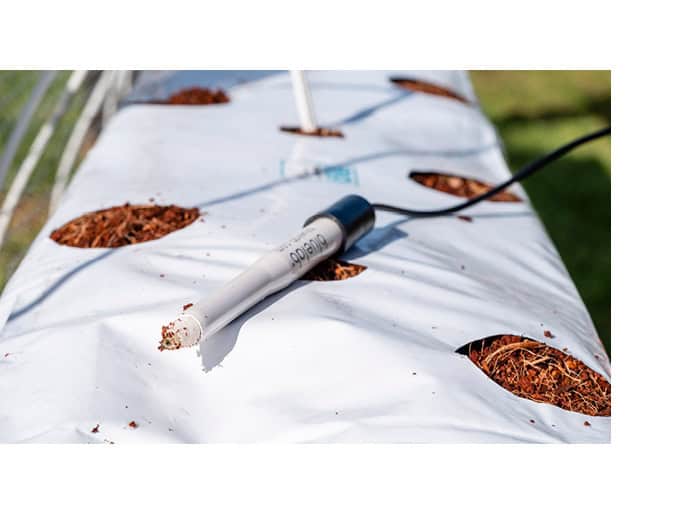 Handmatige pH-meter met een wit transparante sensor, geplaatst op een blauwe en witte kweekmat met groeven voor plantbedden. De meter is aangesloten op een zwart snoer en is ontworpen voor gebruik in hydroponische en aquaponische systemen. Dit product is uitgevoerd in duurzame materialen. De pH-meter biedt nauwkeurige metingen voor optimale plantgroei en is geschikt voor elke kweker die de bodemgezondheid wil monitoren.