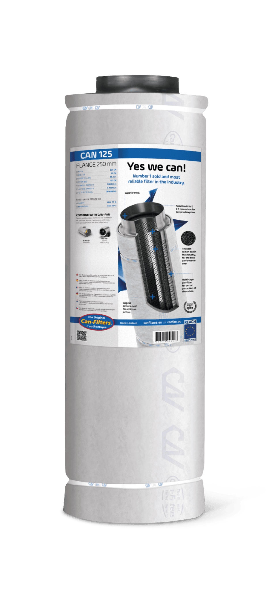 Aktivkohlefilter Can 125 mit einem Flansch von 250 mm. Dieses Produkt eignet sich für die Luftfiltration in Gewächshäusern und Growräumen. Der Filter ist aus hochwertigem Stahl und Polyethylen gefertigt, hat ein Volumen von 28 Litern und einen maximalen Luftstrom von 1.700 m³/h. Der mehrschichtige Vorfilter sorgt für einen besseren Schutz der Aktivkohle. Der Filter hat eine Lebensdauer von bis zu 30 Monaten, abhängig von Nutzung und Bedingungen. Nachhaltig in den Niederlanden produziert und REACH-konform.