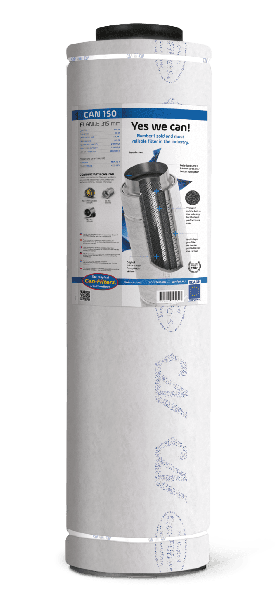 Aktivkohlefilter Can 150 für Belüftungssysteme mit einem 315-mm-Flansch. Dieses Produkt ist aus hochwertigen Materialien gefertigt und verfügt über eine Aktivkohleschicht für optimale Geruchs- und Luftschadstofffilterung. Mit einer Lebensdauer von 12 Monaten bietet dieser Filter eine effiziente Lösung für saubere Luft in Innenräumen. Die maximale Temperatur beträgt 60 °C. Dieses Produkt ist auf Langlebigkeit und Umweltfreundlichkeit ausgelegt, mit Fokus auf effektive Luftqualität.