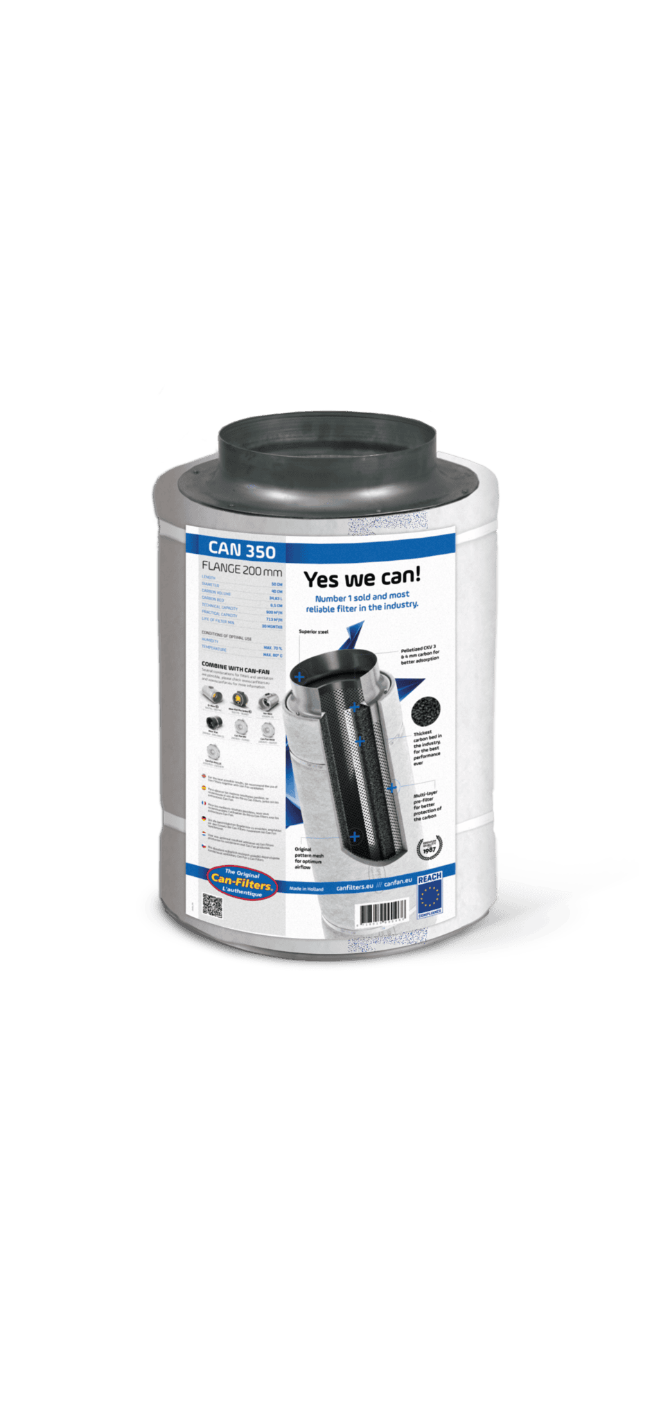 Aktivkohlefilter Can 350 mit einem Flanschdurchmesser von 200 mm, entwickelt für effektive Luftreinigung. Der Filter verfügt über eine hochwertige Konstruktion mit einem versiegelten Gehäuse für maximale Effizienz. Geeignet für den Einsatz in verschiedenen Lüftungssystemen, ideal für Growrooms. Nachhaltig produziert und bietet hervorragende Geruchsabsorption dank der dicken Aktivkohleschicht.