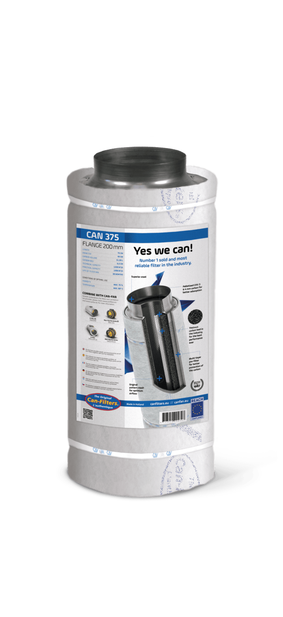 Flanschfilter Can 375 mit einem Durchmesser von 200 mm. Hergestellt aus hochwertigen Materialien, darunter eloxierter Stahl und Aktivkohle, was für eine hervorragende Luftfilterkapazität sorgt. Der Filter hat eine technische Kapazität von 800 m³/h und eignet sich für die optimale Belüftung in beispielsweise Growräumen. Dieses Produkt ist für eine einfache Installation konzipiert und bietet langlebige Luftreinigungseigenschaften. Geeignet für den Einsatz bis zu einer maximalen Temperatur von 60 °C.
