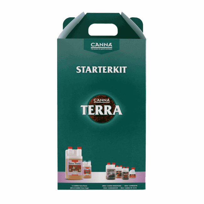 Starterkit van Canna Terra, inclusief voeding en groeimiddelen voor planten. Het pakket bevat flessen met Canna Terra Vega en Canna Terra Flores, geschikt voor het kweken in aarde. De verpakking is ontworpen voor gebruiksgemak met een handvat en biedt een overzicht van de inhoud. Ideaal voor zowel beginners als ervaren kwekers die duurzame en effectieve teeltmethoden zoeken.