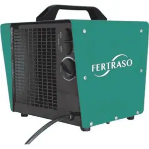 FERTRASO elektrische kachel, groen-zwart, draaggreep bovenop, draaiknoppen, geventileerd frontpaneel, snoer onderaan.