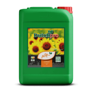 Ein grüner 5-Liter DutchPro pH-Behälter mit rotem Deckel, verziert mit Sonnenblumenbildern und farbenfrohen Etiketten. Dieser pH-Senker für Pflanzen ist vor einem schlichten weißen Hintergrund abgebildet. 