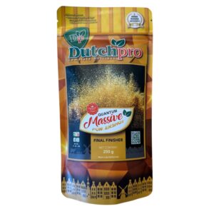 Ein goldener und orangefarbener, wiederverschließbarer Beutel mit der Aufschrift "DutchPro Quantum Massive Powdershot 250 g" zeigt Stadtansichten und dekorative Muster. Hergestellt in den Niederlanden.