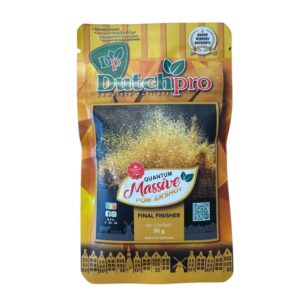 Ein goldener und schwarzer Beutel mit der Aufschrift DutchPro Quantum Massive Powdershot 50g zeigt Grafiken mit niederländischen Motiven, Nährwertangaben und den Produktnamen auf der Verpackung.