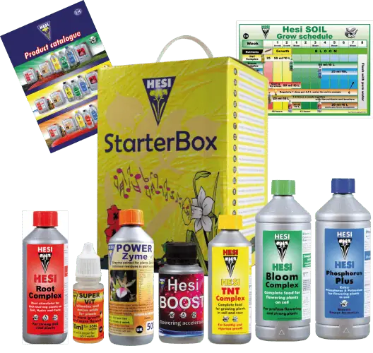 Starterbox van Hesi, een multifunctionele set voor plantenverzorging. De doos bevat verschillende voedingsstoffen en supplementen, waaronder Hesi Root Complex, Power Zyme, Hesi Boost, Hesi Bloom Complex, TNT Complex en Phosphorus Plus. Deze producten zijn ontworpen voor gebruik in de tuinbouw en bevorderen de groei en bloei van planten. De verpakking is kleurrijk en geeft gedetailleerde instructies voor gebruik. Geschikt voor zowel binnen- als buitentoepassingen. Alle producten zijn ontwikkeld met aandacht voor duurzaamheid en milieuvriendelijkheid.
