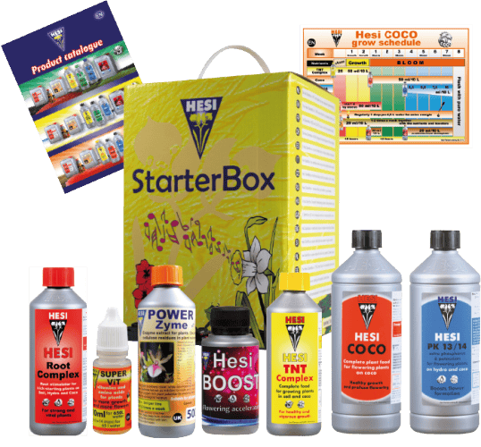 Starterbox van Hesi bevat essentiële voedingsstoffen en supplementen voor de groei van planten. De set omvat onder andere Hesi Root Complex, Power Zyme, Super Vit, Hesi Boost, TNT Complex, Hesi Coco en PK 13/14. De flesjes zijn geschikt voor zowel beginners als ervaren tuinbouwers en zijn ontworpen voor gebruik in verschillende groeifases. Deze producten zijn verpakt in een handige doos met een handvat voor gemakkelijk vervoer. De inhoud van de verpakking maakt het mogelijk om zowel binnen- als buitenteelt optimaal te ondersteunen, met aandacht voor duurzame en milieuvriendelijke landbouwpraktijken. De bijgeleverde gebruiksinstructies en teeltplanning zorgen voor een gestructureerde aanpak van het kweken.