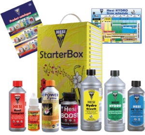 Starterbox van Hesi, inclusief diverse producten voor plantengroei en voeding. Bevat Hesi Root Complex, Power Zyme, Super Vit, Hesi Boost, Hydro Growth, Hydro Bloom en PK 13/14. Alle producten zijn ontworpen voor optimale groeicondities en bevatten duurzame, milieuvriendelijke ingrediënten. De verpakking is helder en herkenbaar, met een handvat voor gebruiksgemak. Geschikt voor zowel beginners als ervaren kwekers die hun plantengroei willen verbeteren. De set biedt een complete oplossing voor de verzorging van planten in hydrocultuur.
