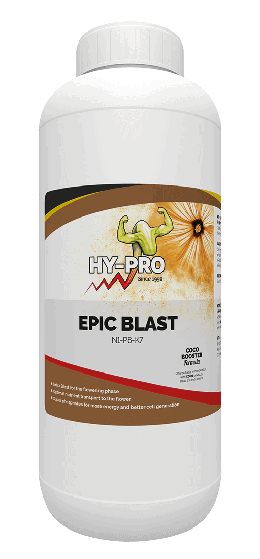 Hy-Pro Epic Blast is een voedingssupplement voor de bloeifase van planten. Het product bevat de nutriëntenformule N1-P8-K7, die speciaal is ontwikkeld voor optimale voedingsstoftransport naar de bloem. De samenstelling bevat extra fosfaten, wat bijdraagt aan meer energie en betere celvorming. Dit supplement is geschikt voor gebruik met kokosgrond. Het product wordt geleverd in een witte kunststof fles met een inhoud van 1 liter.