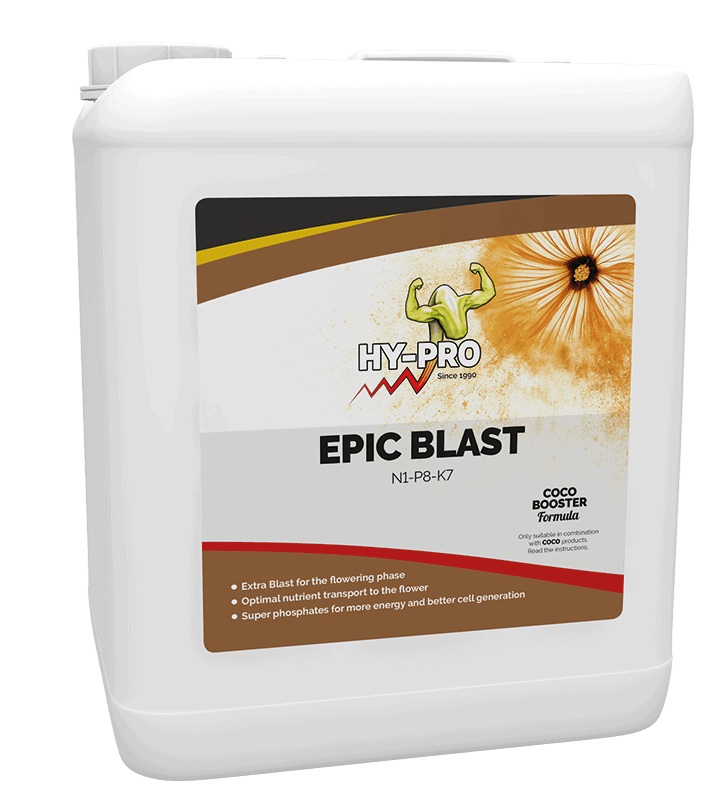 Hy-Pro Epic Blast is een vloeibaar plantvoedingsmiddel dat speciaal is ontwikkeld voor de bloeifase van planten. Het heeft een voedingswaarde van N1-P8-K7, wat optimaliseert de opname van nutriënten en bevordert de bloei. De verpakking bevat super fosfaten, wat zorgt voor extra energie en een betere celontwikkeling. Dit product is ontworpen voor gebruik in combinatie met kokosgrond en is beschikbaar in een witte kunststof container. Het formaat is geschikt voor langdurig gebruik in de tuinbouw.
