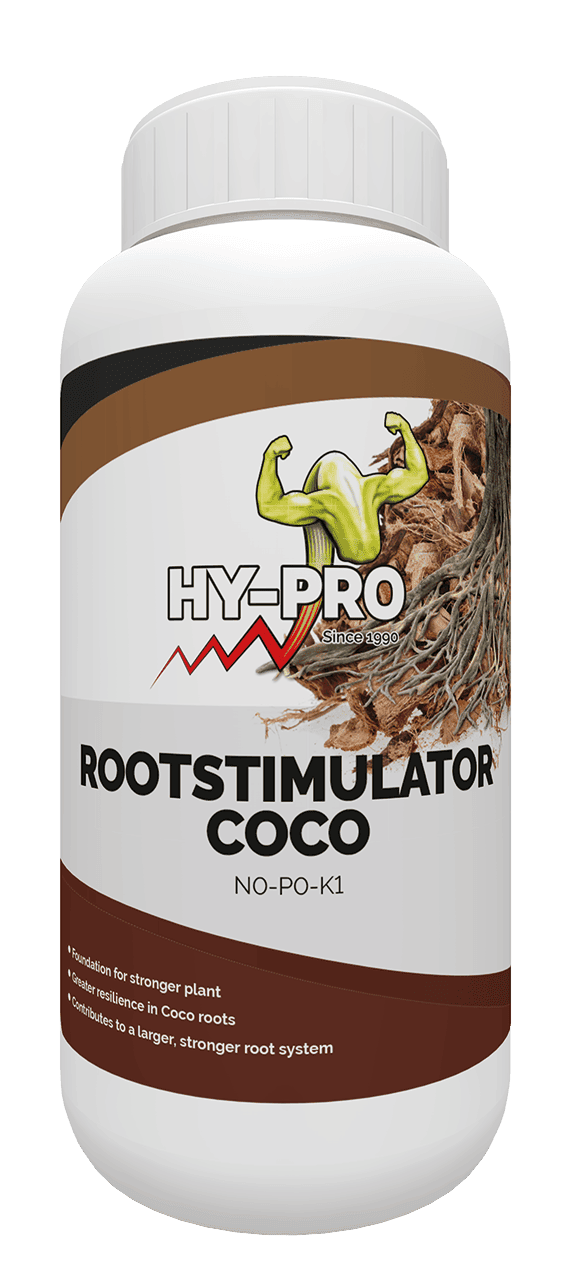 Wortelstimulator voor kokosplanten van HY-PRO, verpakt in een stevige kunststof fles van 1 liter. Het product is bedoeld voor de verbetering van het wortelstelsel van planten. Met ingrediënten die de weerstand van wortels in kokos verhogen, draagt het bij aan een groter en sterker wortelsysteem. Geschikt voor gebruik in kokosmedium voor optimale plantgroei. Deze stimulator ondersteunt de ontwikkeling van sterke en gezonde planten.