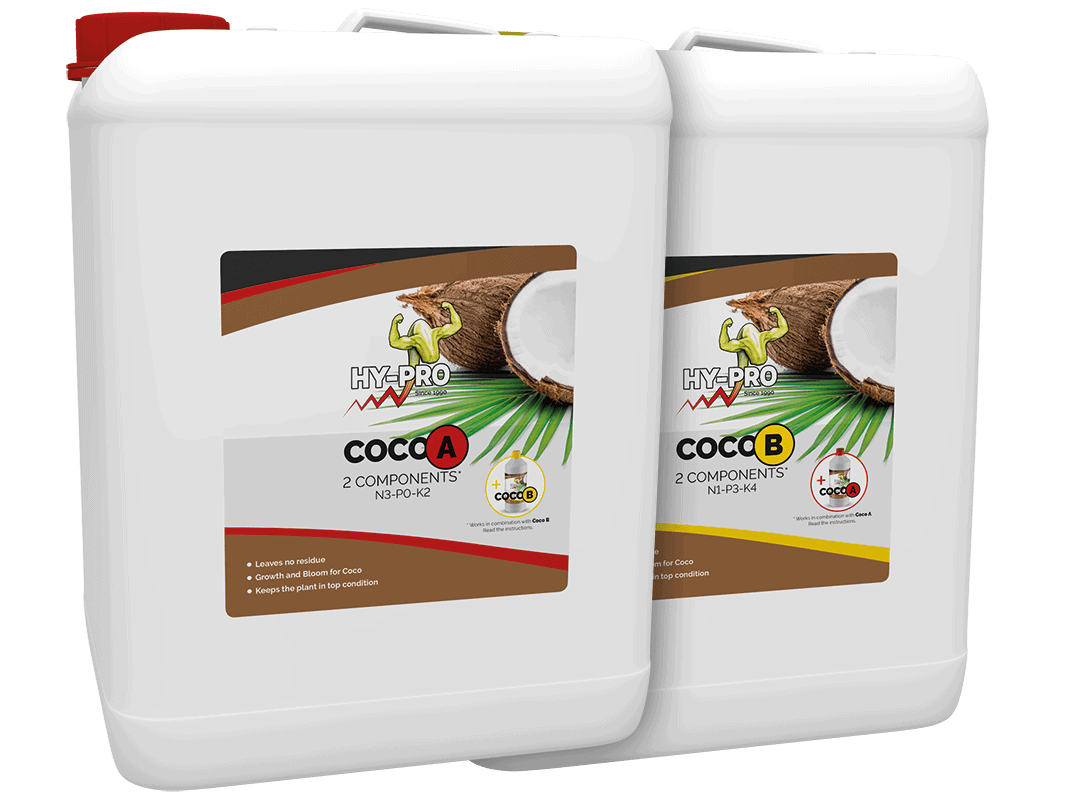 **Hy-Pro Coco A en B – Twee componenten meststoffen**Set van twee opslagflessen, 1 liter per stuk, voor de Taiwanese kokosgrond. Coco A (N3-P0-K2) en Coco B (N1-P3-K4) zijn speciaal ontwikkeld voor de verzorging van planten in een kokosmedium. Beide producten bevatten essentiële voedingselementen die de groei en bloei van planten bevorderen zonder residu achter te laten. Deze natuurrijke meststoffen zijn geschikt voor gebruik in duurzame tuinbouw.Ideaal voor hobbyist en professionele telers die streven naar optimale plantgezondheid en resultaat.