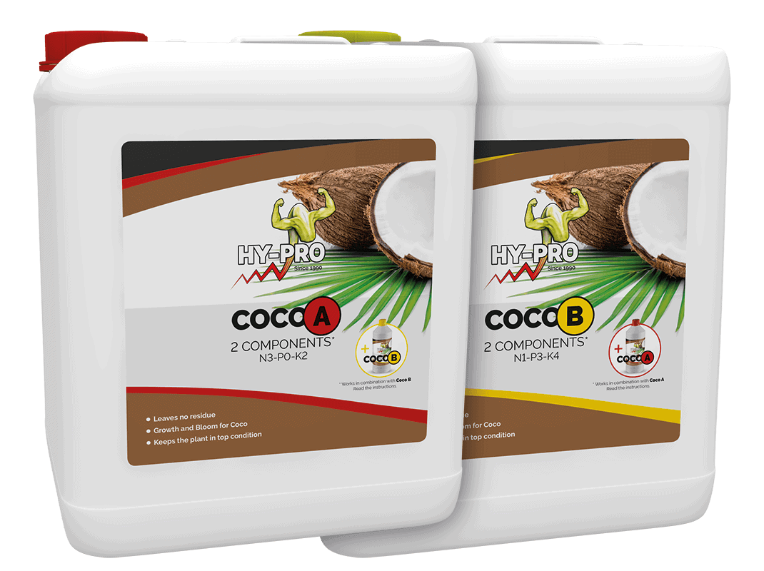 **HY-PRO Coco A en Coco B - 2 Componenten Voedingsstoffen voor Planten**Set van twee flessen, HY-PRO Coco A en Coco B, voor de verzorging van planten in kokosmedium. Beide flessen zijn gemaakt van stevig plastic. Coco A bevat de voedingsstoffen N3-PO-K2 en is bedoeld voor de groeifase, terwijl Coco B N1-P3-K4 bevat en zich richt op de bloeifase. De producten zijn ontworpen om optimaal te presteren in combinatie met elkaar. Zowel Coco A als B zijn vrij van residu en ondersteunen de groei en bloei van planten, waardoor ze in topconditie blijven. Deze voedingsstoffen zijn geschikt voor zowel hobby- als professionele kwekers.