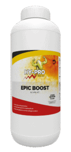 Hy-Pro Epic Boost is een voedingssupplement voor planten, speciaal ontwikkeld voor hydroponische systemen. De inhoud van de verpakking, 1 liter, is een combinatie van stikstof (N1), fosfor (P8) en kalium (K7), wat de celgeneratie stimuleert. Het product is ontworpen om een optimale groei te bevorderen en bevat superfosfaat voor betere celontwikkeling. De kunststof fles heeft een stevige vorm en een duidelijke etikettering voor gebruiksgemak.