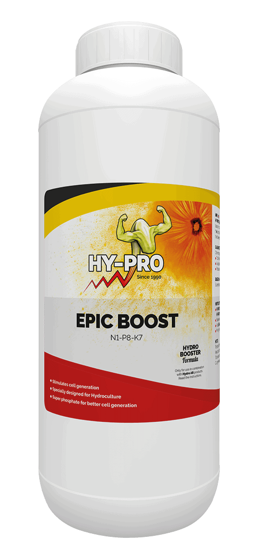 Hy-Pro Epic Boost is een voedingssupplement voor planten, speciaal ontwikkeld voor hydroponische systemen. De inhoud van de verpakking, 1 liter, is een combinatie van stikstof (N1), fosfor (P8) en kalium (K7), wat de celgeneratie stimuleert. Het product is ontworpen om een optimale groei te bevorderen en bevat superfosfaat voor betere celontwikkeling. De kunststof fles heeft een stevige vorm en een duidelijke etikettering voor gebruiksgemak.