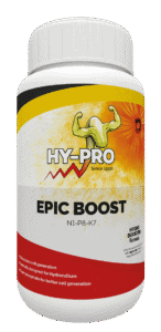 **Hy-Pro Epic Boost - 1 Liter**: Een vloeibare voedingssupplement voor hydrocultuur. Bevat stikstof (N), fosfor (P) en kalium (K) in een verhouding van 1-8-7. Speciaal ontwikkeld om celvorming te stimuleren en de groei van planten te bevorderen. Dit product bevat superfosfaat voor een betere celgeneratie en is 1 liter in volume. Geschikt voor gebruik in combinatie met Hy-Pro A&B.