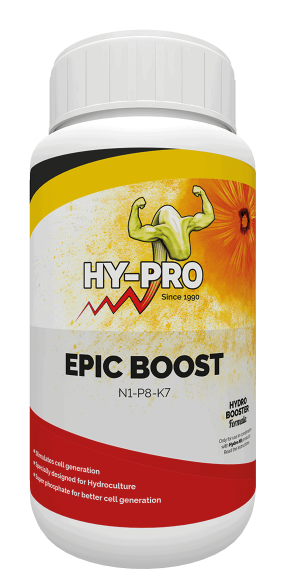 **Hy-Pro Epic Boost - 1 Liter**: Een vloeibare voedingssupplement voor hydrocultuur. Bevat stikstof (N), fosfor (P) en kalium (K) in een verhouding van 1-8-7. Speciaal ontwikkeld om celvorming te stimuleren en de groei van planten te bevorderen. Dit product bevat superfosfaat voor een betere celgeneratie en is 1 liter in volume. Geschikt voor gebruik in combinatie met Hy-Pro A&B.