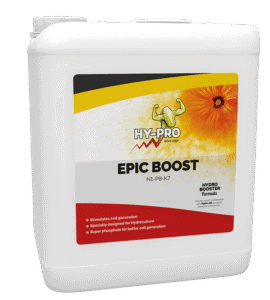 HY-PRO Epic Boost is een vloeibare voeding voor hydrocultuur, verpakt in een witte kunststof kan van 1 liter. Deze formule bevat stikstof (N), fosfor (P) en kalium (K) in de verhouding N1-P8-K7, en is ontworpen om de celgeneratie van planten te stimuleren. De speciale samenstelling met superfosfaten bevordert een efficiënte groei, ideaal voor het kweken van diverse gewassen in een gecontroleerde omgeving. Het product benadrukt duurzaamheid en milieuvriendelijkheid door de focus op effectieve voeding zonder schadelijke stoffen.