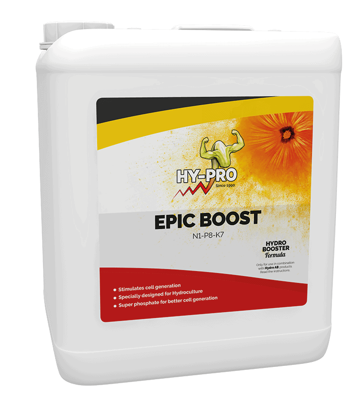 HY-PRO Epic Boost is een vloeibare voeding voor hydrocultuur, verpakt in een witte kunststof kan van 1 liter. Deze formule bevat stikstof (N), fosfor (P) en kalium (K) in de verhouding N1-P8-K7, en is ontworpen om de celgeneratie van planten te stimuleren. De speciale samenstelling met superfosfaten bevordert een efficiënte groei, ideaal voor het kweken van diverse gewassen in een gecontroleerde omgeving. Het product benadrukt duurzaamheid en milieuvriendelijkheid door de focus op effectieve voeding zonder schadelijke stoffen.