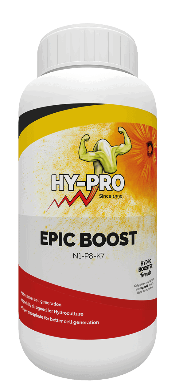 HY-PRO Epic Boost, een voedingssupplement voor hydrocultuur, stimuleert de celgeneratie met een NPK-verhouding van 1-8-7. De verpakking bevat een fles van 1 liter, vervaardigd uit kunststof. Dit product is speciaal ontwikkeld om de groei van planten in een hydrocultuursysteem te optimaliseren, met gebruik van superfosfaat voor verbeterde celproductie. De kleuren op de verpakking zijn helder geel, rood en wit, met opvallende grafische elementen die de merkidentiteit benadrukken.