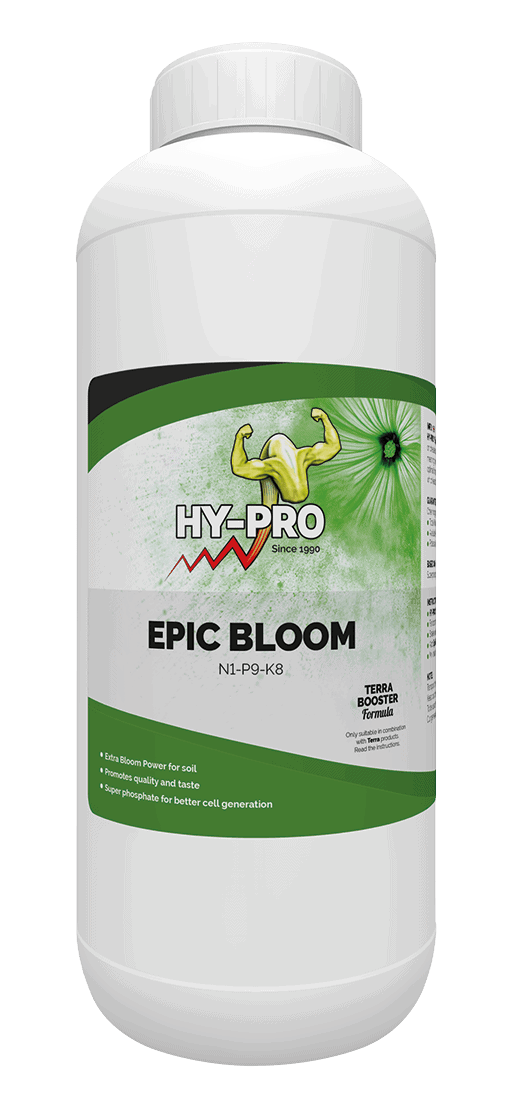 Hy-Pro Epic Bloom is een voedingsmiddel voor planten dat speciaal is ontwikkeld voor gebruik in de grond. Het product bevat een uitgebalanceerde formule met een NPK-verhouding van 1-9-8, die extra bloempower biedt. Dit product bevordert zowel de kwaliteit als de smaak van de geoogste planten. Tevens bevat het superfosfaat, wat de celgeneratie verbetert. De verpakking is een witte kunststof fles met een veilige afsluitdop en is ontworpen voor gebruiksgemak.