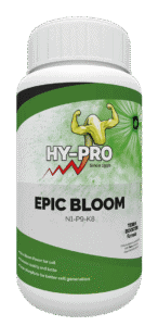 Hy-Pro Epic Bloom is een voedingsproduct voor planten, ontworpen om de bloei te bevorderen. Dit product bevat de voedingswaarden N1-P9-K8 en is speciaal ontwikkeld voor gebruik in de grond. De verpakking is een witte container met groene accenten en een schroefdop, met een inhoud van 1 liter. Epic Bloom draagt bij aan de kwaliteit en smaak van de planten en bevat superfosfaat ter ondersteuning van betere celgeneratie. Het product is milieuvriendelijk en richt zich op een duurzame teelt.