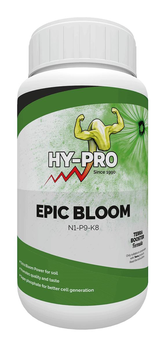 Hy-Pro Epic Bloom is een voedingsproduct voor planten, ontworpen om de bloei te bevorderen. Dit product bevat de voedingswaarden N1-P9-K8 en is speciaal ontwikkeld voor gebruik in de grond. De verpakking is een witte container met groene accenten en een schroefdop, met een inhoud van 1 liter. Epic Bloom draagt bij aan de kwaliteit en smaak van de planten en bevat superfosfaat ter ondersteuning van betere celgeneratie. Het product is milieuvriendelijk en richt zich op een duurzame teelt.