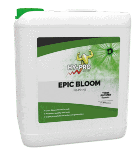 Hy-Pro Epic Bloom is een vloeibare voedingsoplossing voor bloeiende planten, ontworpen voor gebruik in de bodem. Dit product bevat belangrijke voedingsstoffen met een NPK-verhouding van 1-9-8. De verpakking is een witte kunststof kan met een inhoud van 5 liter en een groene dop. Epic Bloom bevordert de kwaliteit en smaak van de bloemen en bevat superfosfaat voor een betere celgeneratie. Het is speciaal ontwikkeld voor gebruik in combinatie met andere Terra Booster-formules en richtlijnen dienen te worden geraadpleegd voor optimale toepassing.