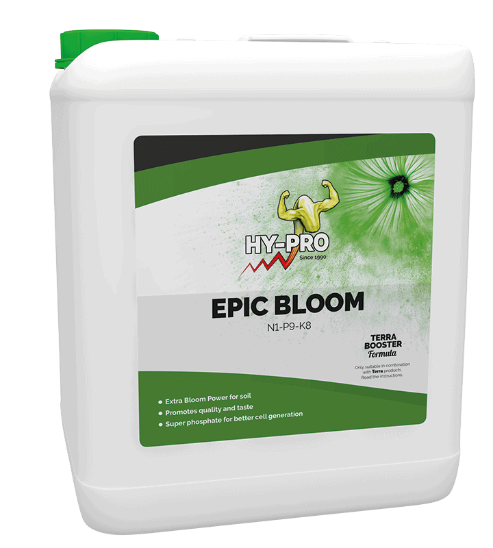 Hy-Pro Epic Bloom is een vloeibare voedingsoplossing voor bloeiende planten, ontworpen voor gebruik in de bodem. Dit product bevat belangrijke voedingsstoffen met een NPK-verhouding van 1-9-8. De verpakking is een witte kunststof kan met een inhoud van 5 liter en een groene dop. Epic Bloom bevordert de kwaliteit en smaak van de bloemen en bevat superfosfaat voor een betere celgeneratie. Het is speciaal ontwikkeld voor gebruik in combinatie met andere Terra Booster-formules en richtlijnen dienen te worden geraadpleegd voor optimale toepassing.