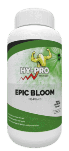 **HY-PRO Epic Bloom** - Voeding voor planten met een NPK-verhouding van 1-9-8. Geschikt voor gebruik in de bodem, deze formule bevordert de bloei en verbetert de smaak en kwaliteit van gewassen. Bevat extra fosfaat om de celgroei te optimaliseren. De verpakking is een kunststof fles met een inhoud van 1 liter, ontworpen voor gemak en precise dosering. Geschikt voor de duurzame tuinbouw.