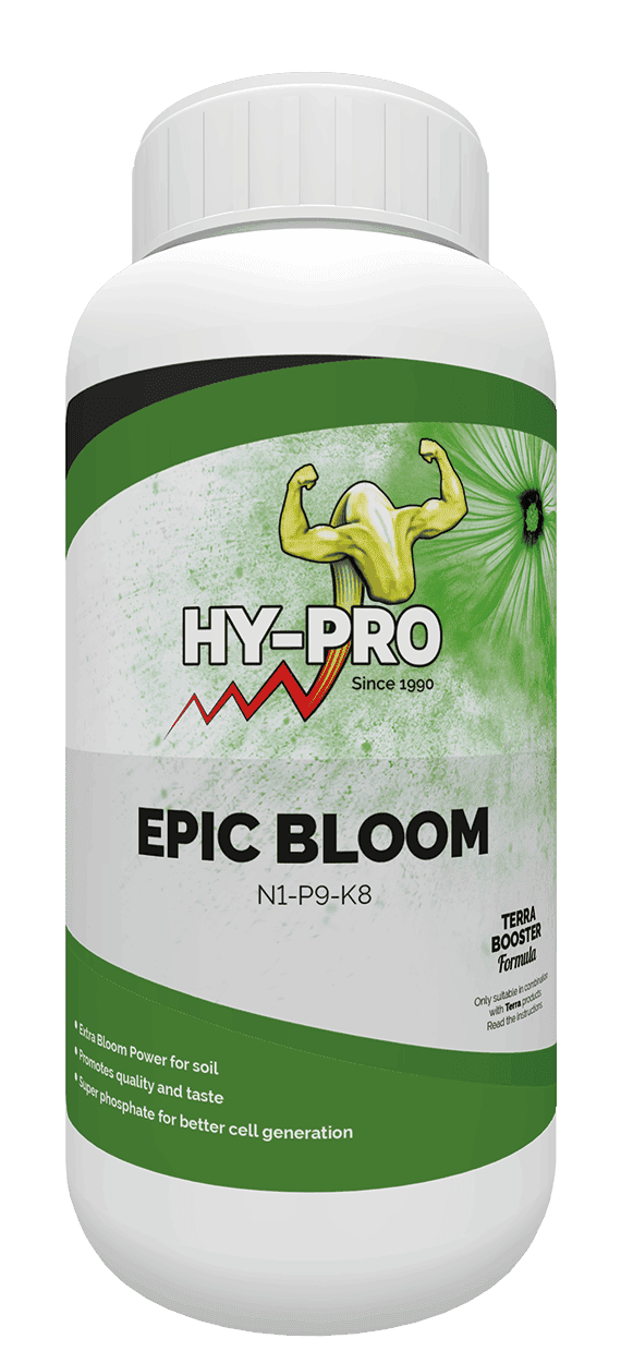 **HY-PRO Epic Bloom** - Voeding voor planten met een NPK-verhouding van 1-9-8. Geschikt voor gebruik in de bodem, deze formule bevordert de bloei en verbetert de smaak en kwaliteit van gewassen. Bevat extra fosfaat om de celgroei te optimaliseren. De verpakking is een kunststof fles met een inhoud van 1 liter, ontworpen voor gemak en precise dosering. Geschikt voor de duurzame tuinbouw.
