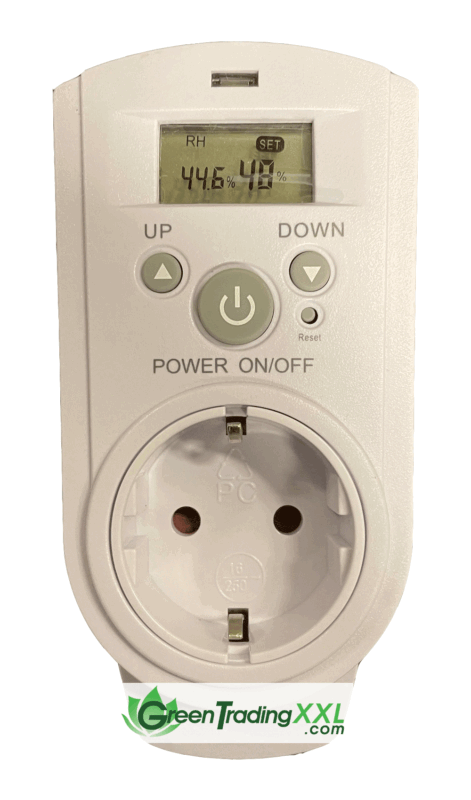 Luchtvochtigheidsregelaar met digitale display en aan/uit-schakelaar. Gemaakt van kunststof in de kleur wit. Voorzien van een stekkercontact met een capaciteit van 16A/250V. Het display toont actuele luchtvochtigheid en instelbare waarden. Geschikt voor gebruik in kassen of andere geïsoleerde ruimtes. Duurzaam en energiezuinig ontwerp. Ideaal voor het monitoren en regelen van de luchtvochtigheid in verschillende omgevingen.