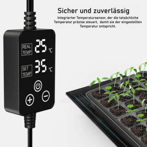 Een digitale temperatuurregelaar toont de werkelijke en ingestelde temperaturen in Celsius naast een zaaitray met jonge plantjes. De Duitse tekst hierboven beschrijft het apparaat als veilig en betrouwbaar met een geïntegreerde temperatuursensor.