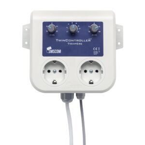**TwinController MK2 (7 Ampère)**Elektronische regelaar voor ventilatoren met twee aansluitingen. Het apparaat heeft draaiknoppen voor het aanpassen van de ventilatorsnelheid (van 0 tot 100) en indicatorlampjes. Geschikt voor gebruik met een capaciteit van maximaal 1000 watt en ontworpen voor netspanningen tussen 230 en 240 V. Het ontwerp is compact en geschikt voor binnengebruik. Duurzaam en energiezuinig, ideaal voor het beheer van ventilatie in diverse omgevingen.