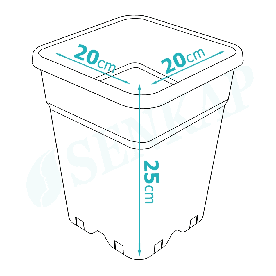 Vierkante plantenpot van 20 cm breed, 20 cm diep en 25 cm hoog. Gemaakt van duurzaam kunststof, geschikt voor binnen- en buitentoepassingen. De pot heeft afvoergaten voor optimale drainage. Geschikt voor verschillende soorten planten en kruiden.