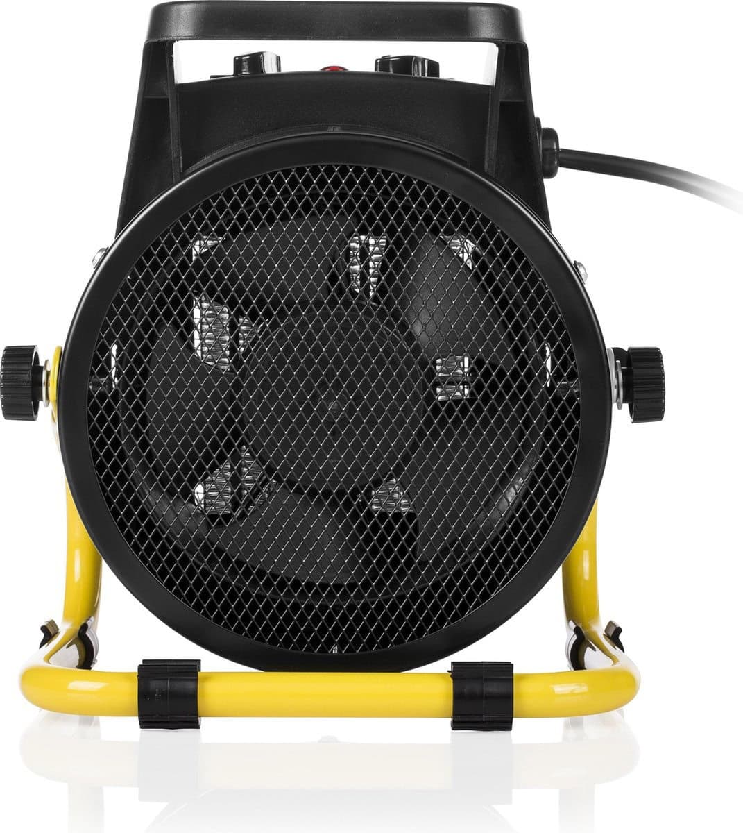 Industriële ventilator met een zwart en geel ontwerp, geschikt voor het ventileren en koelen van ruimtes. Deze ventilator heeft een stevig frame en een voorzijde met een metalen gaas, waardoor de werking van de ventilator zichtbaar is. Het apparaat heeft een verstelbare snelheid, aangedreven door een krachtige motor. Ideaal voor gebruik in werkplaatsen, garages of tijdens evenementen, en heeft daarnaast energiebesparende eigenschappen.