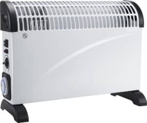 Heater in wit met een modern ontwerp, geschikt voor binnengebruik. Het apparaat heeft een gebruiksvriendelijk draaiknop voor temperatuurinstelling en twee schakelaars voor verschillende verwarmingsniveaus. De heater is voorzien van een stevige voet voor stabiliteit en biedt een efficiënte warmte verspreiding. Ideaal voor het verwarmen van kleine tot middelgrote ruimtes. Het materiaal is kunststof met een metalen rooster voor optimale luchtcirculatie. Dit product is ontworpen met oog voor veiligheid en energie-efficiëntie.