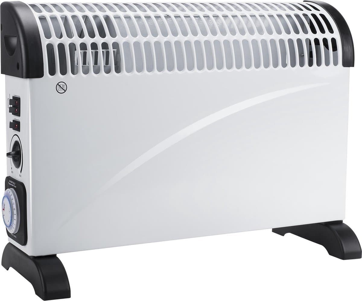 Heater in wit met een modern ontwerp, geschikt voor binnengebruik. Het apparaat heeft een gebruiksvriendelijk draaiknop voor temperatuurinstelling en twee schakelaars voor verschillende verwarmingsniveaus. De heater is voorzien van een stevige voet voor stabiliteit en biedt een efficiënte warmte verspreiding. Ideaal voor het verwarmen van kleine tot middelgrote ruimtes. Het materiaal is kunststof met een metalen rooster voor optimale luchtcirculatie. Dit product is ontworpen met oog voor veiligheid en energie-efficiëntie.