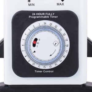 Programmeerbare timer met een volledig bereik van 24 uur. De timer heeft een wijzerplaat met duidelijke cijfers en een indicator voor de geselecteerde tijd. De behuizing is wit met zwarte accenten en biedt eenvoudige bediening, waarbij instellingen eenvoudig kunnen worden aangepast. Geschikt voor verschillende toepassingen, zoals tuinverlichting of aquariums. Het ontwerp bevordert energie-efficiëntie door automatisch in te stellen wanneer apparaten in- of uitgeschakeld worden.