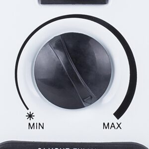 Draaiknop voor het instellen van de temperatuur of intensiteit, gemarkeerd met de termen 'MIN' en 'MAX'. De knop is zwart op een witte achtergrond, wat zorgt voor een goed contrast. Geschikt voor gebruik in elektrische apparaten met verschillende instellingen. Het ontwerp is functioneel en gebruikersvriendelijk, ideaal voor een duurzame en efficiënte werking.