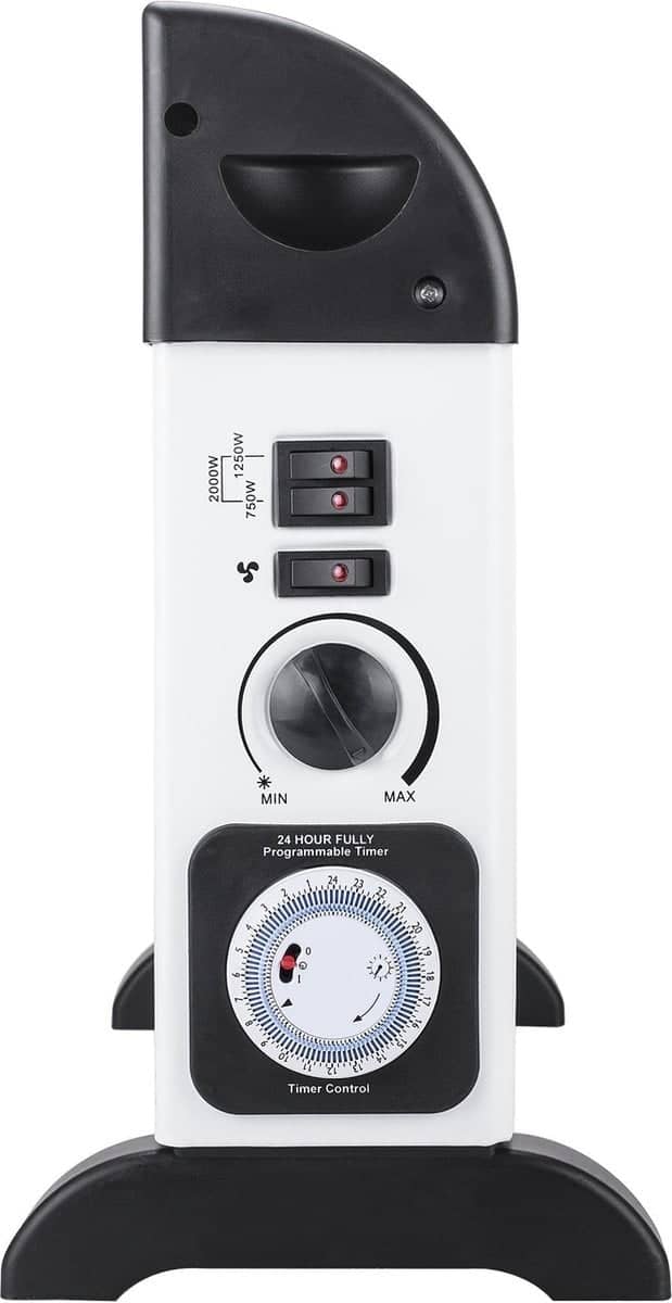 Programmeerbare timer voor verwarmingstoestellen, geschikt voor gebruik binnen en buiten. Het apparaat heeft een vermogen van 2000 watt, met instelmogelijkheden van 750 watt en 1250 watt. De timer is volledig programmeerbaar voor een periode van 24 uur, waardoor gebruikers flexibel kunnen schakelen tussen verschillende tijdsinstellingen. De bediening omvat een draaiknop en twee schakelknoppen voor gemakkelijk gebruik. Het ontwerp is functioneel en efficiënt, met een stevige basis voor stabiliteit. De timer draagt bij aan energiebesparing door het automatisch in- en uitschakelen van apparaten.