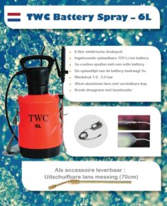 TWC Battery Spray - 6L is een elektrische drukspuit met een capaciteit van 6 liter. De spuit is voorzien van een ingebouwde oplaadbare 12V Li-ion batterij die zorgt voor 3 uur continu gebruik bij een volledige lading. De werkdruk ligt tussen 1.6 en 2.0 bar. Het apparaat is uitgerust met een 40 cm lange aluminium lans met een verstelbare kop, wat de toepassing vergemakkelijkt. De brede draagriem met lanshouder zorgt voor comfortabel gebruik. Optioneel is er een uitschuifbare lans beschikbaar van 70 cm.