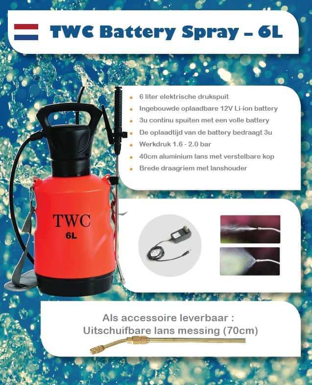 TWC Battery Spray - 6L is een elektrische drukspuit met een capaciteit van 6 liter. De spuit is voorzien van een ingebouwde oplaadbare 12V Li-ion batterij die zorgt voor 3 uur continu gebruik bij een volledige lading. De werkdruk ligt tussen 1.6 en 2.0 bar. Het apparaat is uitgerust met een 40 cm lange aluminium lans met een verstelbare kop, wat de toepassing vergemakkelijkt. De brede draagriem met lanshouder zorgt voor comfortabel gebruik. Optioneel is er een uitschuifbare lans beschikbaar van 70 cm.