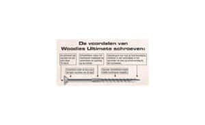 Woodies Ultimate schroeven met extra diepe TX indruk en schachtribben voor verbeterde inwerking. De schroeven zijn ontworpen voor houtbevestiging, met een speciale punt die scheurvorming vermindert. Freesribben onder de kop zorgen voor een betere verzinking en een speciaal schroefdraad maakt sneller inschroeven mogelijk.