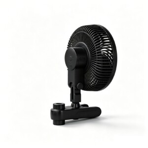 Ventilator für Tisch oder Schreibtisch, schwarz, kompaktes Design, ideal für den Heim- oder Bürogebrauch.