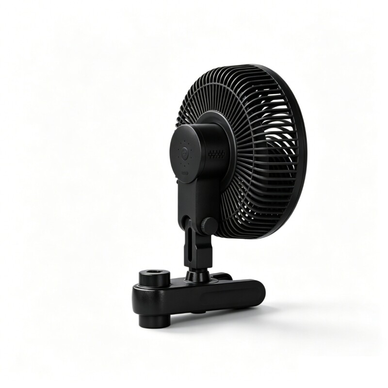 Ventilator für Tisch oder Schreibtisch, schwarz, kompaktes Design, ideal für den Heim- oder Bürogebrauch.
