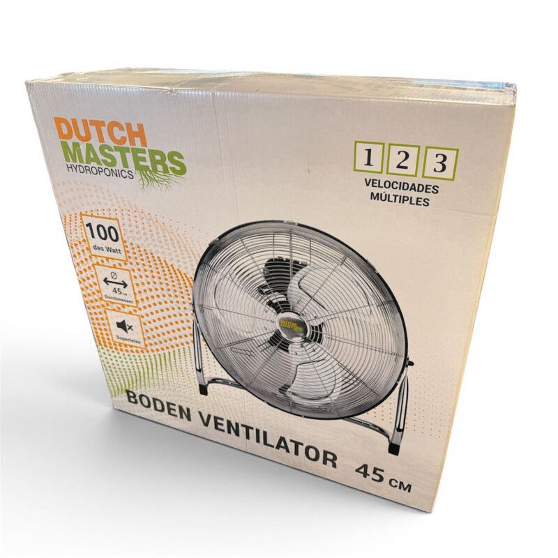 Ventilator voor bodemgebruik met 45 cm diameter, 3 snelheidsstanden en energiezuinig ontwerp.